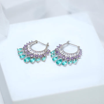Cubic Zirconia Light Sea Green Purple Water Drop Diamond Earrings, Bridal Jewelry, Crystal Bridal Earrings, Statement Earrings